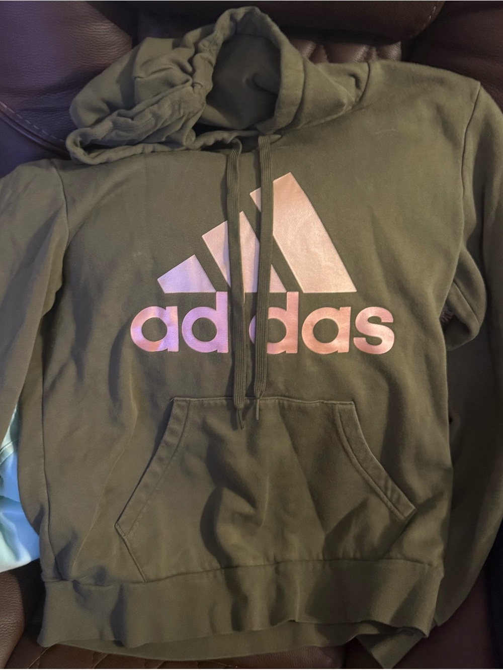 adidas Olive Green Hoodie with Pink Trefoil Logo